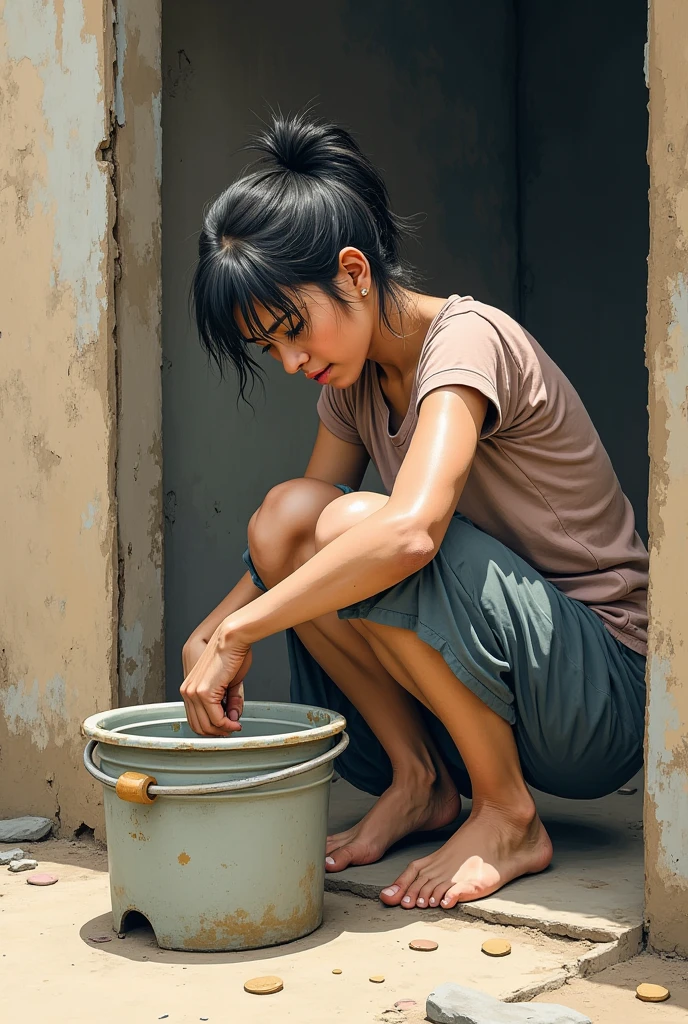 Woman pissing in a bucket
