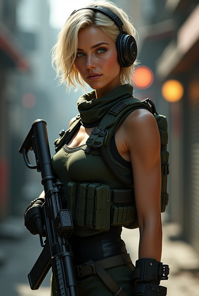 (Photorealism:1.2) (Character description: * Physical: * Hair: Short blonde with bangs, cut in layers to highlight the face and give it a dynamic look. * Eyes: Large and expressive, of an intense blue color that contrasts with the blonde hair. Long and defined eyelashes. * Skin: Clear and luminous, with a slight blush on the cheeks. * Features: Delicate and defined, with a small nose and full lips. * Body: Athletic and slender, with a proportionate figure and toned muscles.) +(* Outfit: * Style: Tactical and functional, but with aesthetic details that enhance its femininity. * Garments: * Top: Fitted combat shirt or sleeveless t-shirt, with military patches and insignia. Bottom: Tactical pants or short skirt above the knee, both with multiple pockets and gussets. Footwear: High-resistance military boots, designed for action. Accessories: Belt: With multiple pouches and slides to carry tactical equipment. Gloves: Tactical, which protect the hands and allow a better grip. Sunglasses: Military style, with dark lenses to protect the eyes. Headphones: With integrated microphone, to communicate with the team. Weapon: A signature in-game weapon, such as a pistol or assault rifle, that complements your appearance) + (Expression, Look: Strong and determined, with a spark of intelligence and bravery. Posture: Confident and self-assured, ready to face any challenge Facial expressions: Wide and varied, capable of conveying a wide range of emotions) +(Key elements of the Call of Duty: Modern Warfare style: Realistic details: Detailed textures in hair, skin and clothing. Lighting. dramatic: Using shadows and contrasts to highlight features and create an intense atmosphere. Realistic facial expressions: Capturing the character's emotion and determination through their eyes and mouth. Dynamic poses: Poses that convey movement and action, as if they were. . in the middle of combat.) + (Keywords: Woman, soldier, Call of Duty, realistic, cinematic, blonde hair, blue eyes, beauty, tact