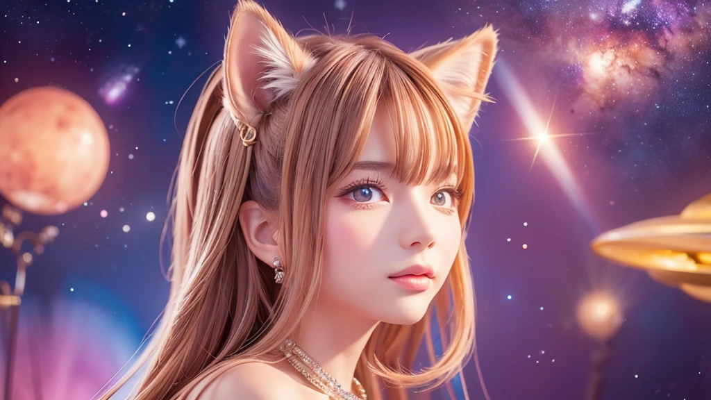 Portraiture (Strass) In space, Colors of the universe, Magnificent watercolor style, (Look to the side:1.1), Furry, (alone:1.1), There is a cat, Highest quality、１６ｋ、