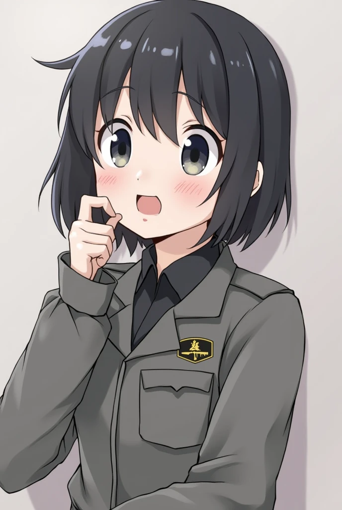 10-year-old girl、Earth Federation Operator Girl Soldier、Black short hair、Medium Breast、Cute like an idol、Childish face and appearance、Accurately drawn faces、(nsfw:1.2),__expression__, (open mouth:1.5), (fellatio:1.1), (swallow:1.2), (from above:1.4), Upper body,(sitting:1.3)