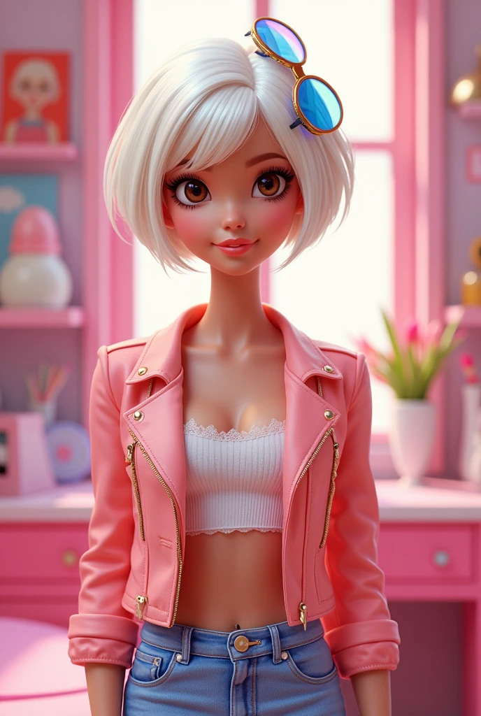 Barbie cartoon stylist short white hair brown eyes 