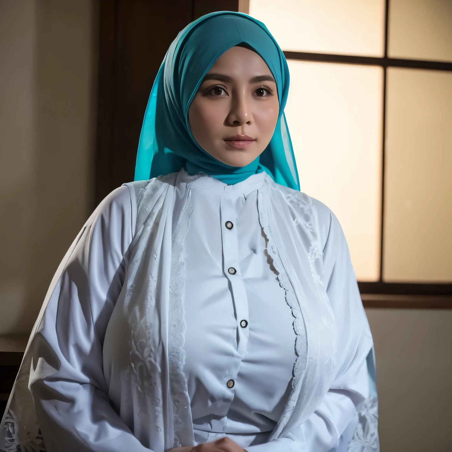 50 years Old, Hijab Indonesian mature woman, Big Tits : 66.9, Gamis, Breast out from her clothes : 1.9, at doctor office, Dark light, at Nighttime