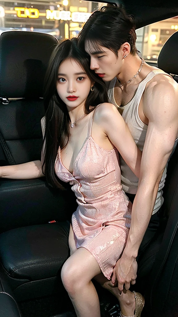 (((SFW : 1.2))), (((pornography))), (realistic), (intricate details:1.2), (masterpiece、:1.3), (top quality:1.4), (Ultra A high resolution:1.2), Ultra A high resolution, 8K resolution, very detailed expression, dark, (high quality), complete anatomy, natural anatomy, full body photo, 1 korean girl is being raped by 2 korean men, 24 years old, (call girl:1.5), (prostitute: 1.5), (korean:1.8), (beautiful : 1.4), (shiny dyed hair), (big earrings), heavy makeup, confused expression, a little smile, choker necklace, Each line, (Slim and feminine dress. : 1.4), glowing skin, The muscular man who loves her takes her away in his car.....),(She is being sexually harassed by a muscular man in a car : 1.5), (the man grabbed her thigh...), caress, fondle, drive, dark,night:1.5, (detailed background:1.2), (drive : 1.4), (late night date : 1.4)
