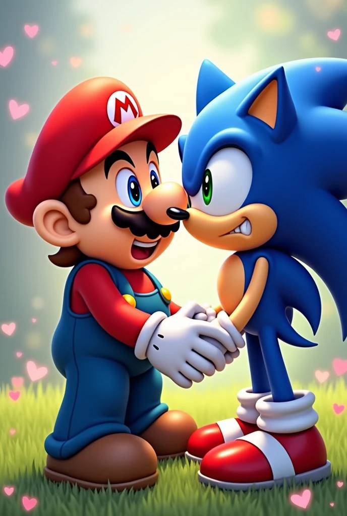 Mario giving Sonic a kiss on the mouth 