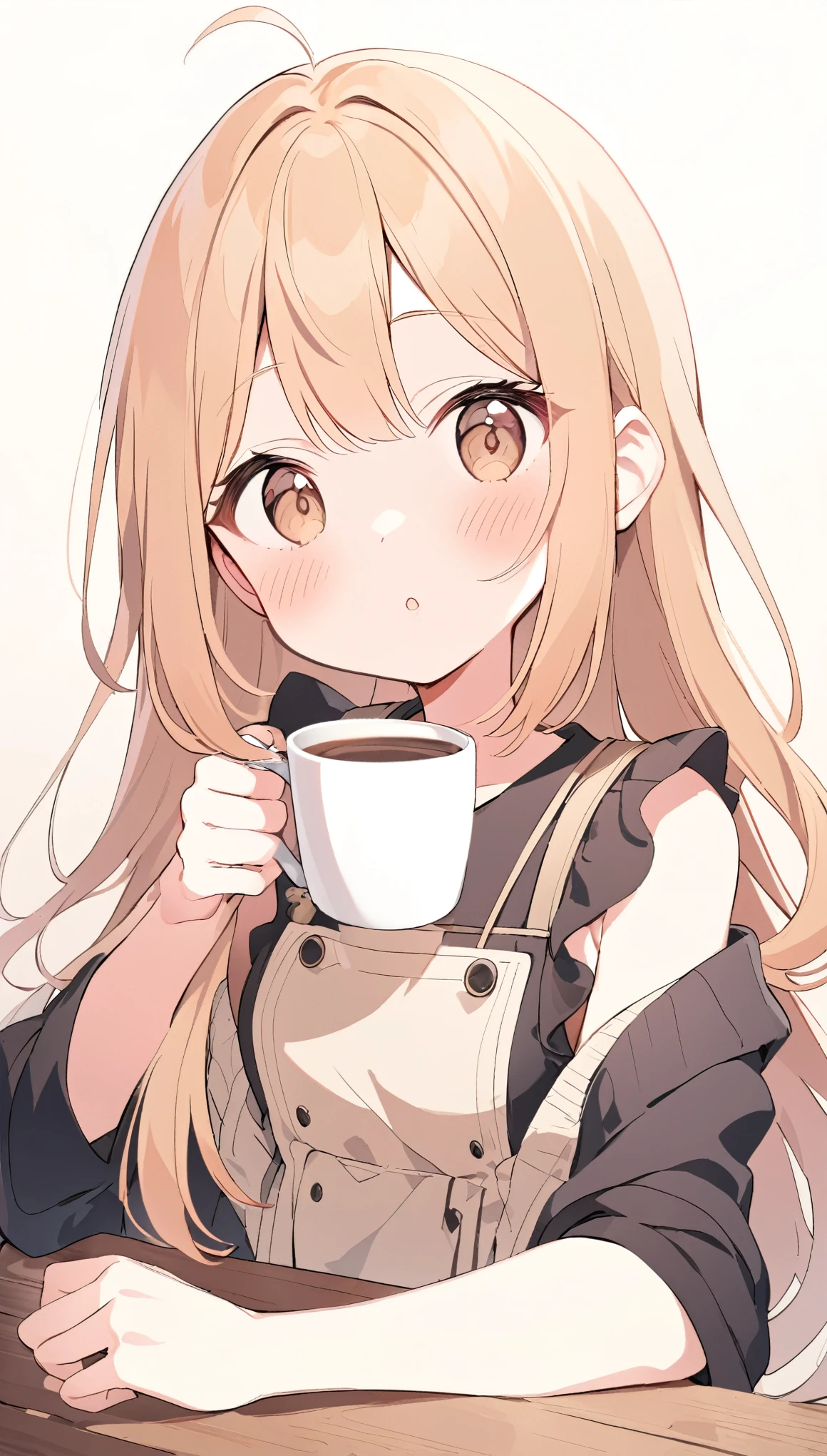 ((cofee-kizoku:0.5, anmi:0.4, tadano yukiko)), cute clothing,  shy smile, blush, middle breasts, simple background, best quality, ultra-detailed, long hair, alternative hair style,
