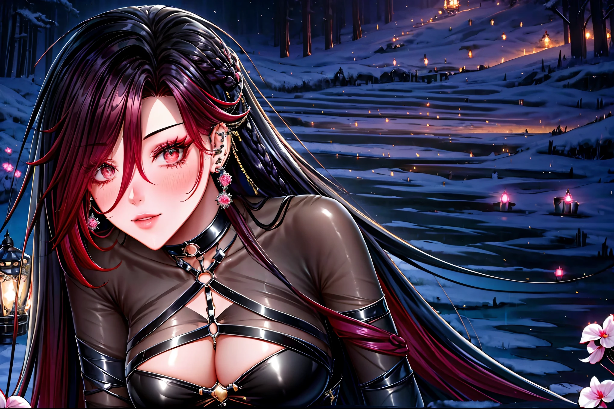 shoujo style, frosty style, (romantic manhwa), 1 girl, black cyclamen hair, solo, long braided hair, long braid, dress, red cyclamen eyes, mascara, makeup, elbow gloves, bra, jewelry, many ear piercings , viewer, collarbone, accessories, upper body, parted bangs, braided hair, side braid, black dress, bangs, outdoors, detailed eyes, dynamic cut, walking in a rose field at night, flowers, warm, summer environment, beach, 