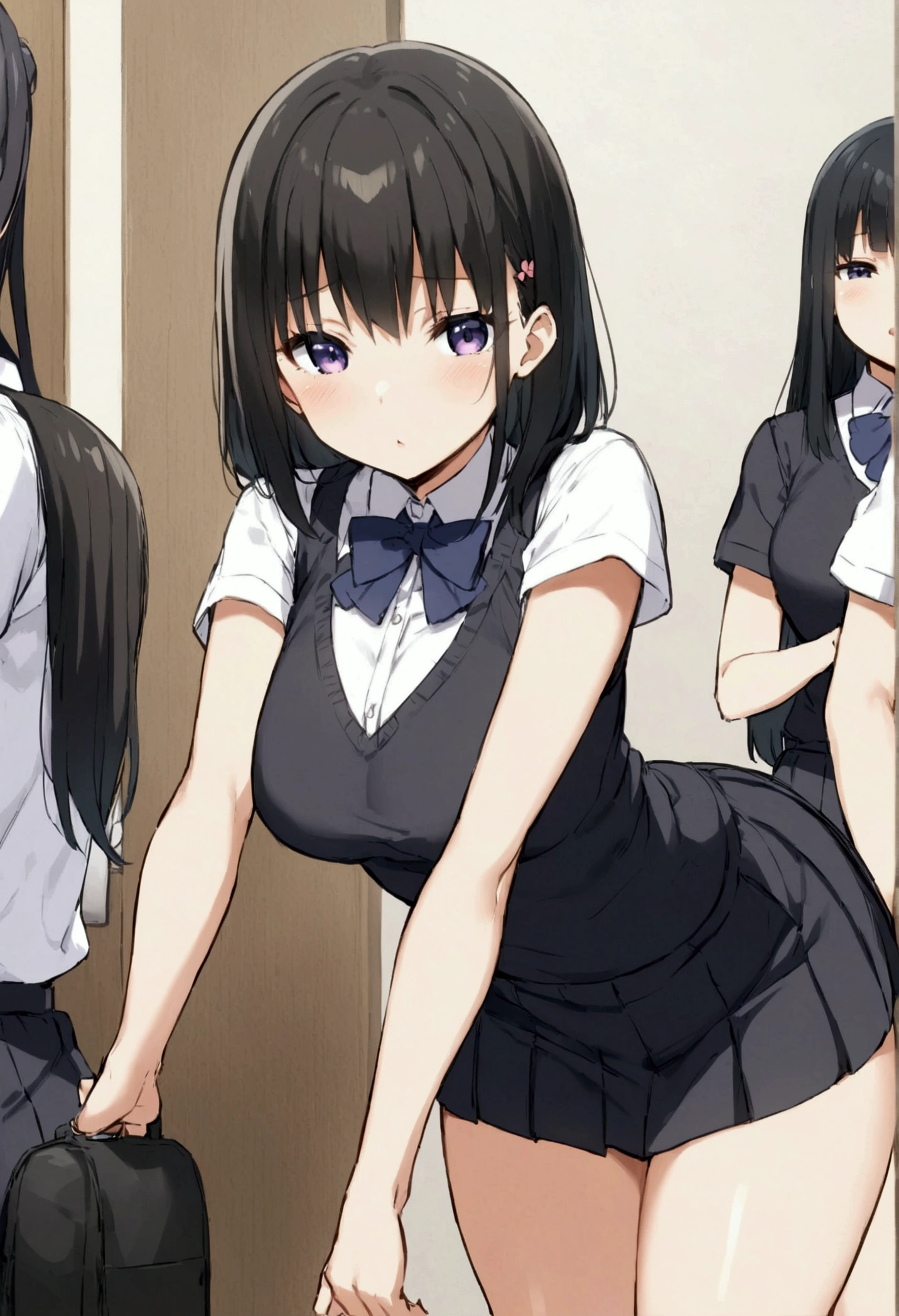 Younger sister　Black Hair　school bag　mini skirt　Beautiful breasts　White panties　Holding back tears