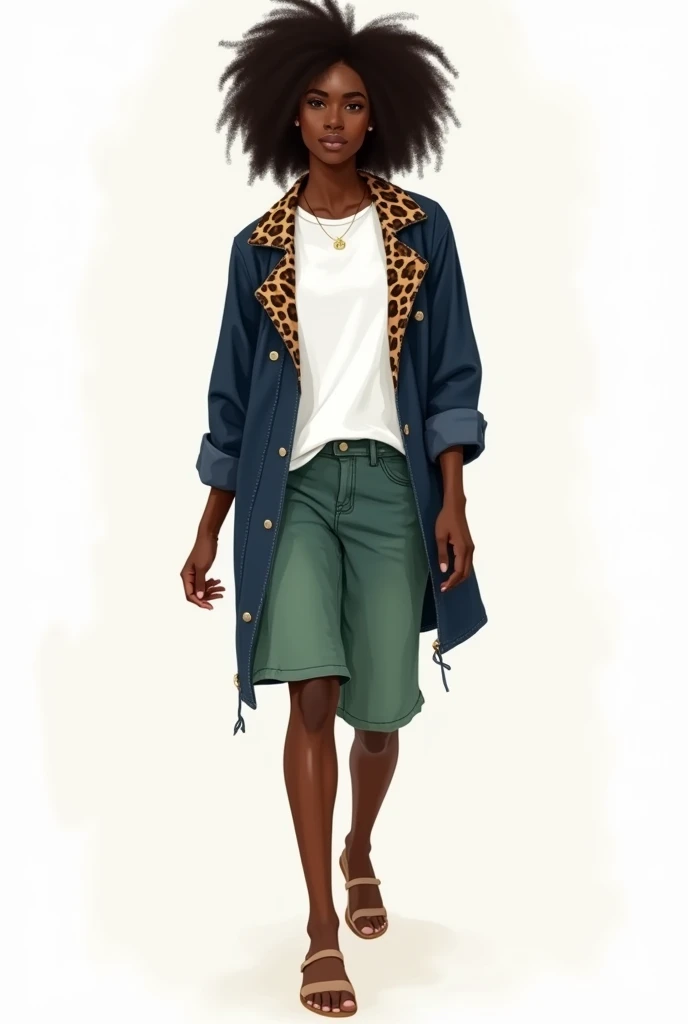 I would like a fashion sketch of a woman with black skin. A white baby tee with a small. Bermuda length jacket in dark blue with leopard print only on the collar. A pair of wide green denim-style shorts. Thin sandal on the feet.