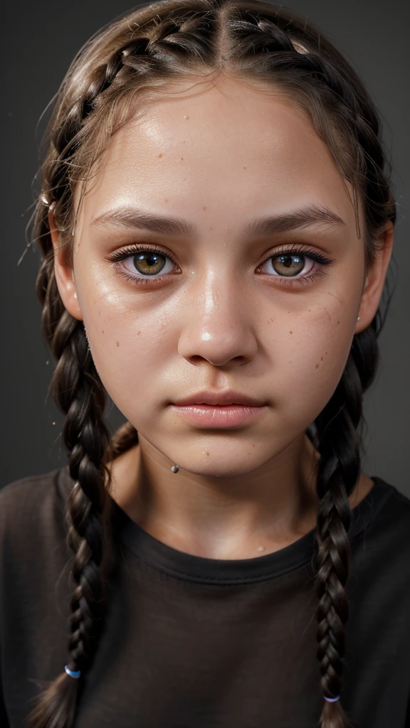 a beautiful 12 year old girl, white skin, brown eyes, black hair with braids, black shirt, extremely detailed face and eyes, beautiful detailed lips, longeyelashes, high quality, photorealistic, studio lighting, vivid colors