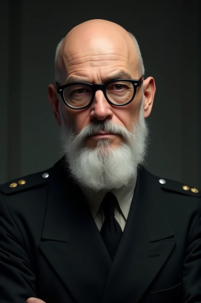 Caucasian man with white beard , Bald Aquiline nose ,round black rimmed glasses, gray lens , black federal police shirt