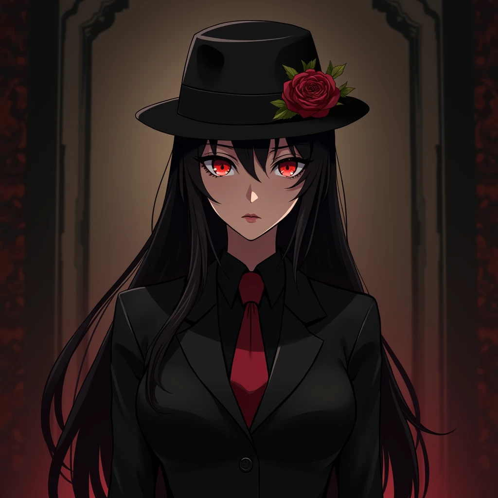 Girl 20 years old, beautiful, long black hair, red eyes, wearing black dress suit, little hat with rose decoration, mafia anime style