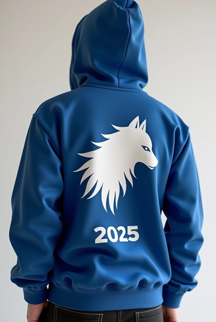 Give me the design of a sweatshirt and a prom jacket from the Colsubsidio Ciudadela school. The clothes have to be cute with a wolf on the back. It also has to have the 2025 on it since that is the prom. It has to be cute and minimalist. Make it with a hood and the wolf has to be more of a symbol. I know you can make the wolf better. The sweatshirt can be royal blue or gray or white.