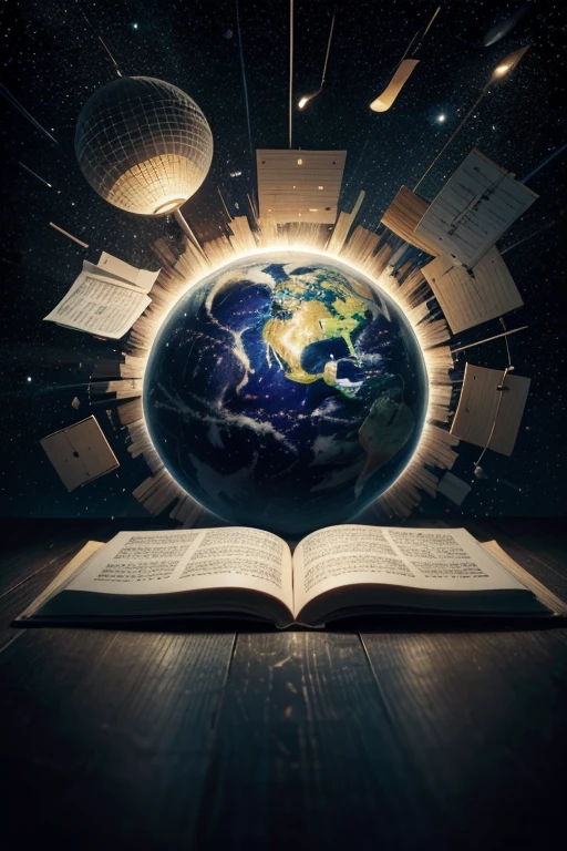 in space, a detailed and realistic planet Earth floats, surrounded by cultural icons such as a film camera; On the right, a music microphone and floating musical notes; High above, an open book with pages flying; down, a paint palette with brushes todos os icones pretos dentro de um circulo branco. To the left of the planet, a movie clapperboard with a movie camera; On the right, a music microphone and floating musical notes; High above, an open book with pages flying; down, a paint palette with brushes. The background is a starry space, with colorful nebulae and constellations, creating a vibrant, interconnected environment that symbolizes the global connection of cultures.