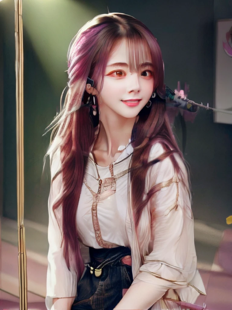 One girl, earphones, t-shirt, long hair, belt, pink hair, solo, high definition