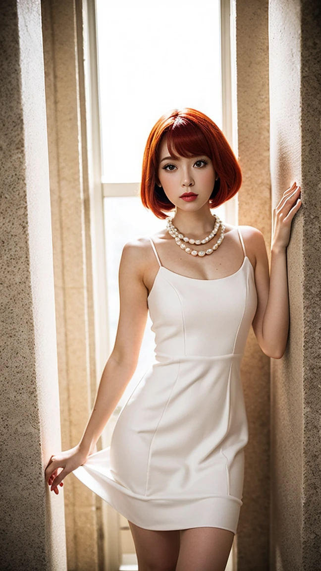 ((masterpiece, Best Quality)),(complex lighting) ,Whole body, Alone, Wilma Flintstone, Red hair, Horse tail, White dress, Pearl Necklace, lipstick,