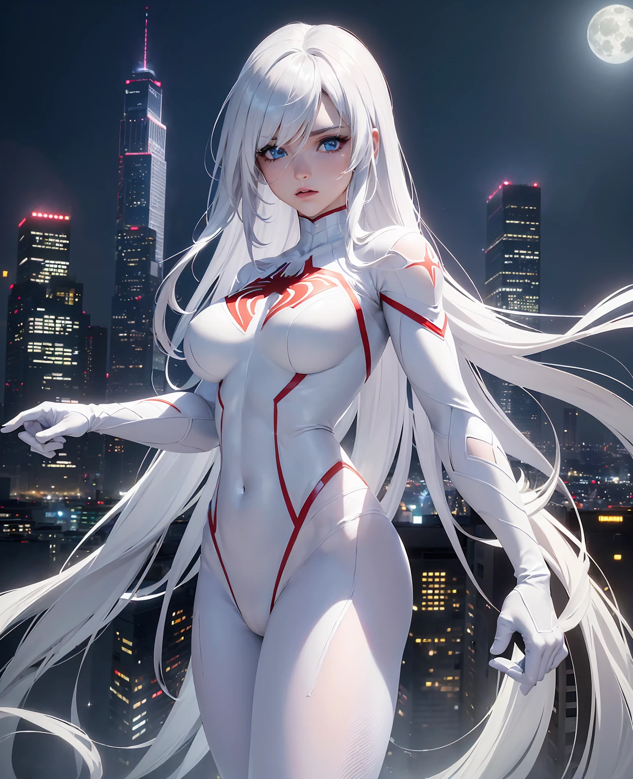 there's a girl on top of town，Wearing a white Spider-Man costume，with long white hair，The entire figure is shown in the painting