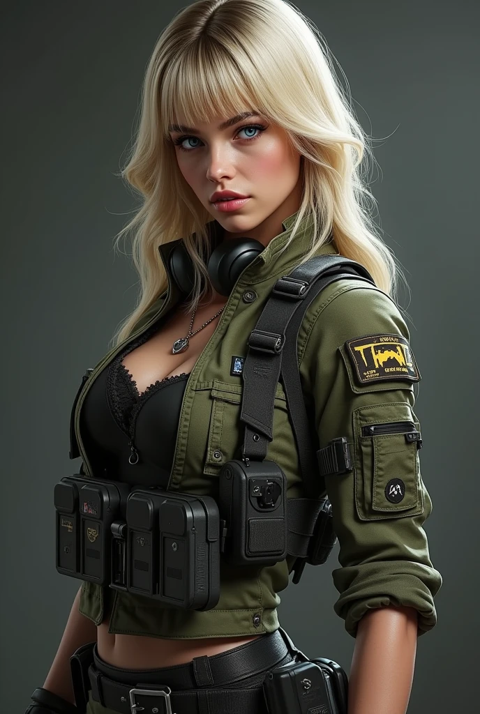 (Photorealism:1.2) (Character description: * Physical: * Hair: long blonde with bangs, cut in layers to highlight the face and give it a dynamic look. * Eyes: Large and expressive, of an intense blue color that contrasts with the blonde hair. Long and defined eyelashes. * Skin: Clear and luminous, with a slight blush on the cheeks. * Features: Delicate and defined, with a small nose and full lips. * Body: Athletic and slender, with a proportionate figure and toned muscles.) +(* Outfit: * Style: Tactical and functional, but with aesthetic details that enhance its femininity. * Garments: * Top: Fitted combat shirt or sleeveless t-shirt, with military patches and insignia. Bottom: Tactical pants or short skirt above the knee, both with multiple pockets and gussets. Footwear: High-resistance military boots, designed for action. Accessories: Belt: With multiple pouches and slides to carry tactical equipment. Gloves: Tactical, which protect the hands and allow a better grip. Sunglasses: Military style, with dark lenses to protect the eyes. Headphones: With integrated microphone, to communicate with the team. Weapon: A signature in-game weapon, such as a pistol or assault rifle, that complements your appearance) + (Expression, Look: Strong and determined, with a spark of intelligence and bravery. Posture: Confident and self-assured, ready to face any challenge Facial expressions: Wide and varied, capable of conveying a wide range of emotions) +(Key elements of the Call of Duty: Modern Warfare style: Realistic details: Detailed textures in hair, skin and clothing. Lighting. dramatic: Using shadows and contrasts to highlight features and create an intense atmosphere. Realistic facial expressions: Capturing the character's emotion and determination through their eyes and mouth. Dynamic poses: Poses that convey movement and action, as if they were. . in the middle of combat.) + (Keywords: Woman, soldier, Call of Duty, realistic, cinematic, blonde hair, blue eyes, beauty, tacti