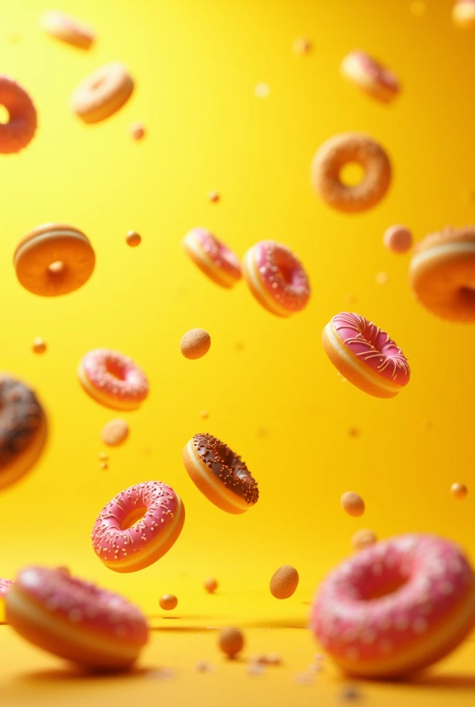 Donuts falling all over the screen with yellow background