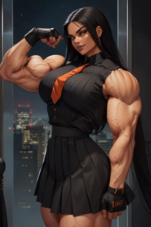 ((Close-up)), tall, (black hair) beautiful muscular woman, long straight hair, light brown skinned, closed smile, (black lipstick), (massive muscles), (hyper muscle), (ginormous bulky muscles), orange eyes, (((sleeveless black pleated shirt))), ((long black pleated skirt)), (fingerless gloves), necktie, boots, (flexing biceps), on a skyscraper,
