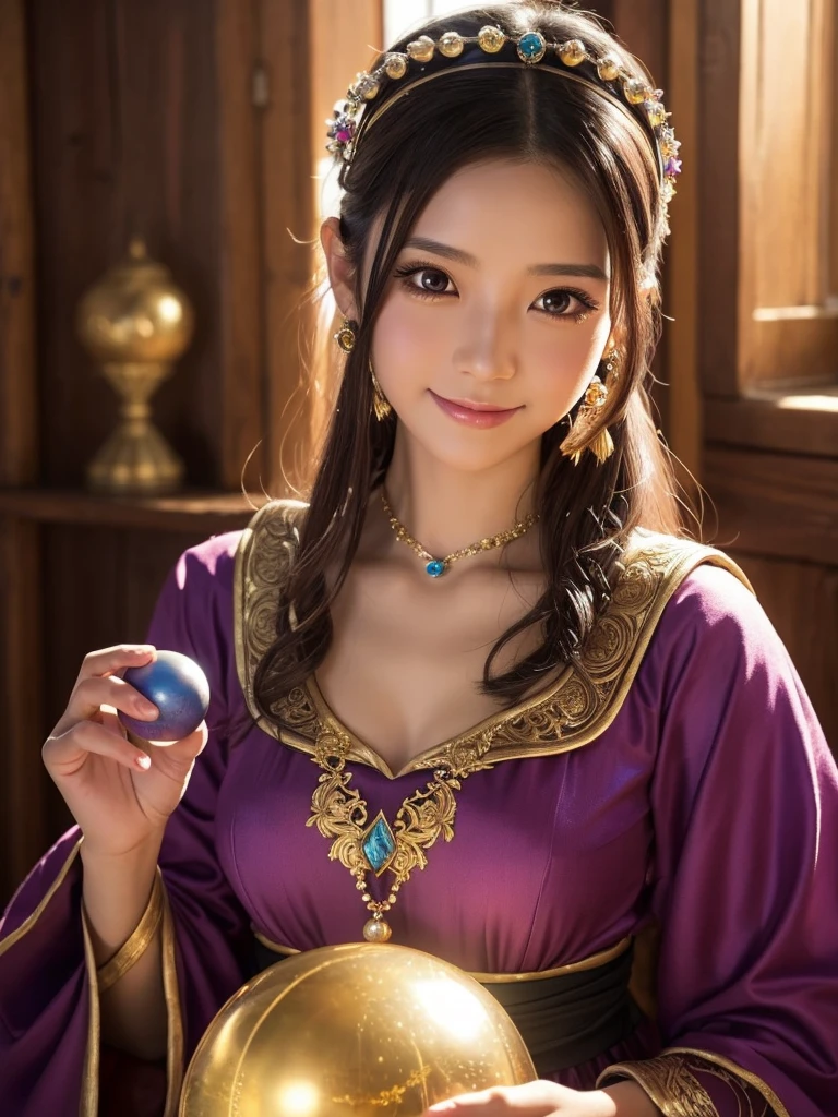 a detailed portrait of Minea the fortune teller from Dragon Quest IV, 1 japanese woman, beautiful detailed eyes, beautiful detailed lips, extremely detailed face and features, long eyelashes, smile,intricate cosplay, alchemist costume, holding a magical crystal ball,fantasy, JRPG, digital painting, cinematic lighting, dramatic pose, warm color palette, masterpiece, 8K, photorealistic, highly detailed, concept art style
