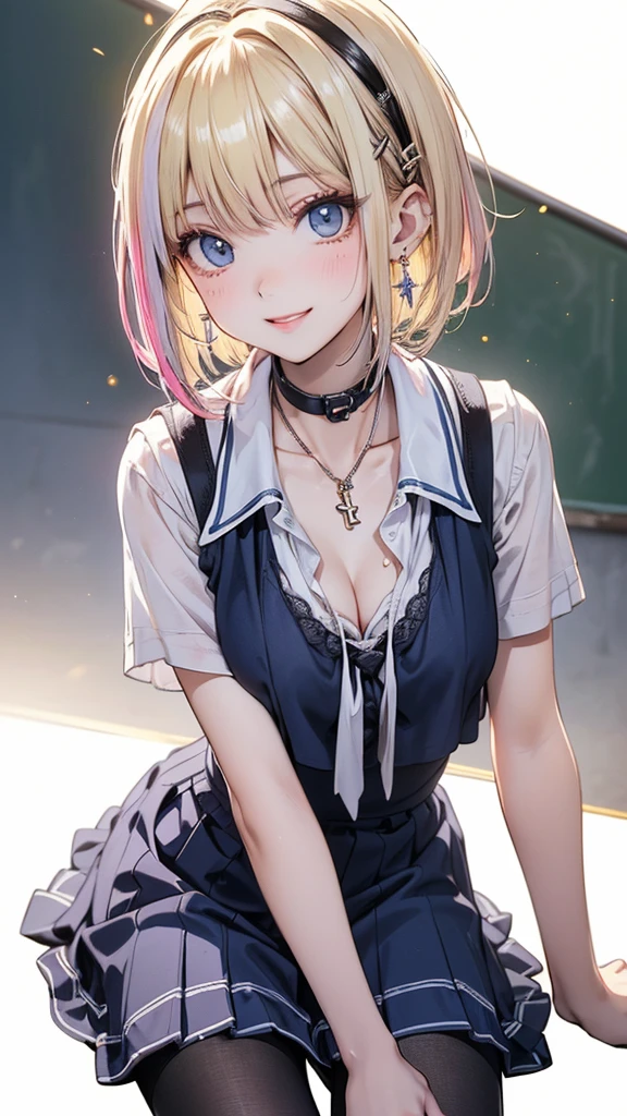 (masterpiece:1.5), (Medium breast), 1 girl, young woman, (beautiful girl:1.5), (Highly detailed and delicate anime faces and eyes:1.5), whole body, (Natural light, High resolution, Highly detailed CG:1.3), (Dynamic posture:1.3), {Perfect body anatomy}, (Beautifully detailed face), (Beautiful attention to detail),Single Focus, (Slender and beautiful girl), Beautiful Lips, Thick lips, {Surreal}, {Correct posture}, {Detailed clothing}, {Bright Eyes}, (Cleavage: 1.3), (Small Butt), {accessories}, {sexy}, {One person}, (school uniform: 1.5), High school student clothing, (Summer clothes: 1.5), blouse, Short skirt, (Short skirt: 1.3), (Thigh high pantyhose: 1.3), Black Pantyhose, blouse, Ribbon tie, Lace collar with tie, High heel boots, Earrings, necklace, hair band, Hair Clip, (A light smile: 1.3), Short Hair, (Two-tone hair: 1.5), (Blonde: 1.5), (Pink Hair: 1.3), (Green Hair: 1.2), (blue eyes: 1.3), 