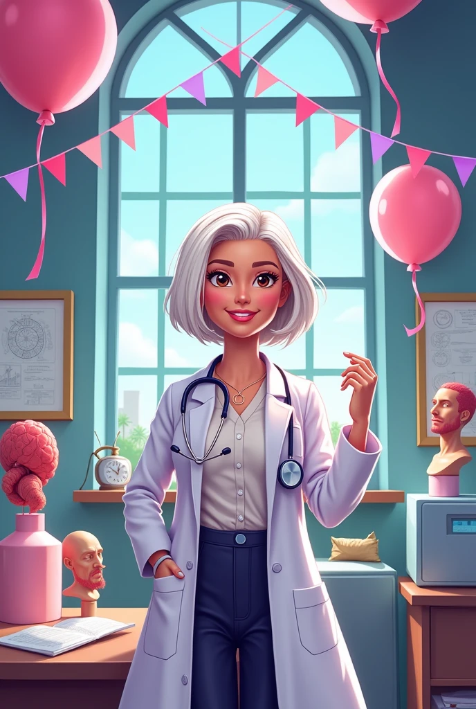 Barbie anniversary cartoon at the university faculty of medical sciences , short white hair brown eyes 