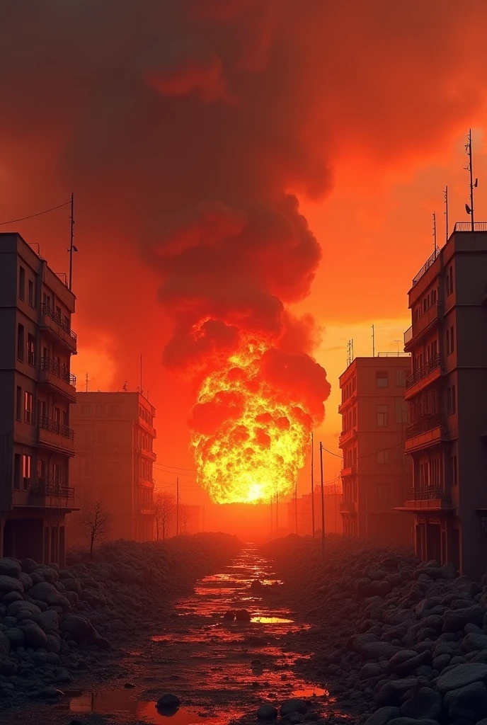 background without people, devastated, Red Sky, explosions, bombi, fire smoke, fallen buildings