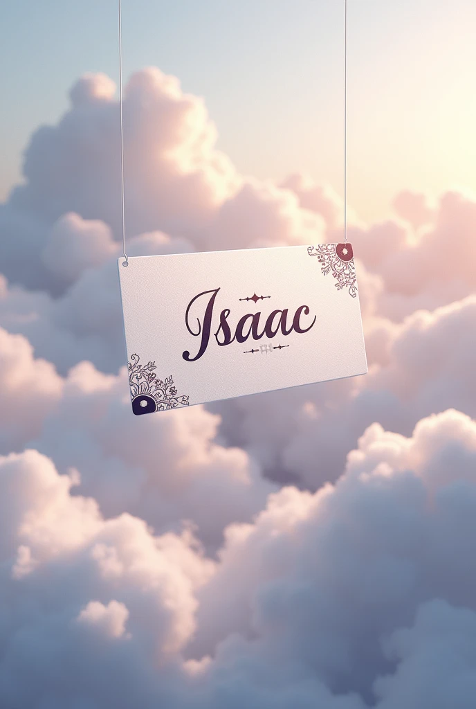 Make a floating message card in the sky full of clouds with the name Isaac 
