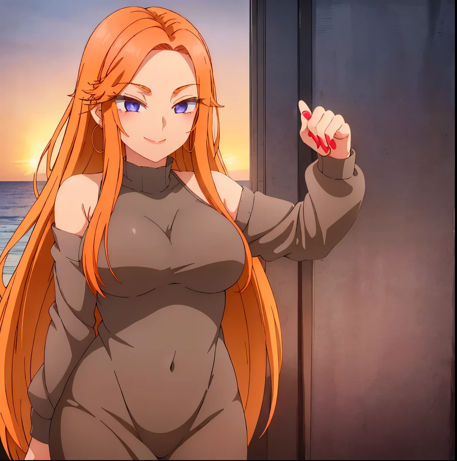 ((1girl)),((alone)),Mai fuyuki,(masterpiece), (best quality), (ultra detailed), (best illustration), (best shadow), (absurdities), sharp focus, cowboy shot ,atmospheric perspective, depth of field, dynamic posture,((looking at viewer)), large breasts, narrow waist, wide hips, wide thighs, round butt, erotic, romantic, (highly detailed eyes, 1.1 lips), highly detailed eyes , eyes, Very detailed face, Very beautiful face, full height, beautiful slim figure, femininity, expressive appearance, elastic big breasts, sexuality, purple eyes, orange hair, long hair, breasts, between the breasts, earrings, smile, big breasts , nail polish, red nails, hoop earrings, nails, lipstick, makeup, long nails, lips, swimsuit, black bikini, bare shoulders, bare arms, cleavage, waist, navel, bare legs, smiling, playful look , seductive smile, medium breasts, long sleeves, side locks , curves, defined body, Perfect and beautiful body, perfect and beautiful, closed mouth, smile, happy smile, blushing, (sexy pose: 1.2), ((solo)), standing: 1.3,(( sea: 1.5, beach: 1.5, sand: 1.5, sunset: 1.5, clouds: 1.3, sunny: 1.4, clear sky: 1.4)), looking forward, ((focus on breasts) ), point of view: (from above), perfect anatomy, perfect hands
