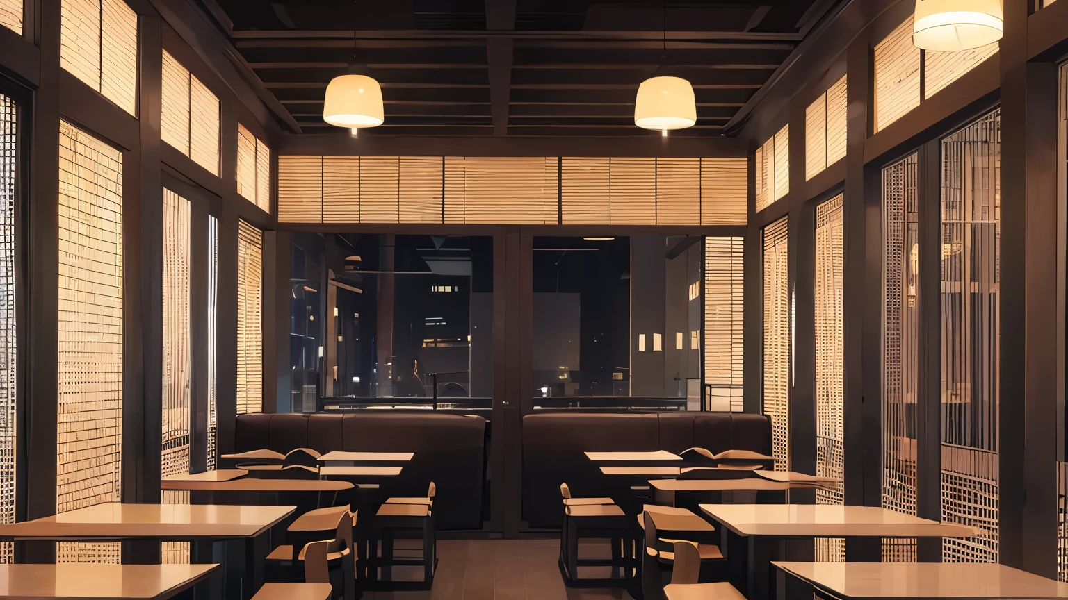 The background is the interior of a restaurant at night.