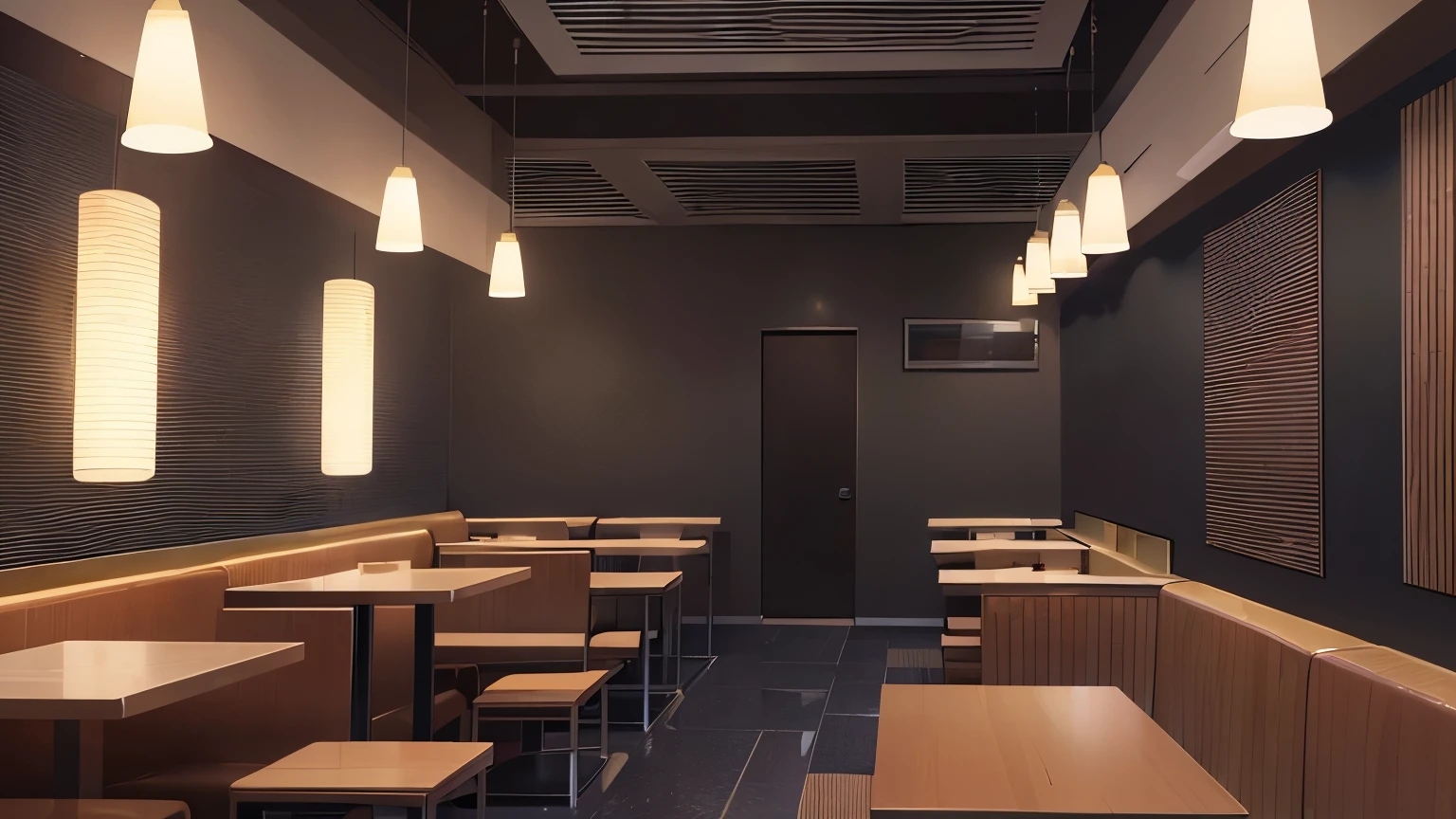 The background is the interior of a restaurant at night.