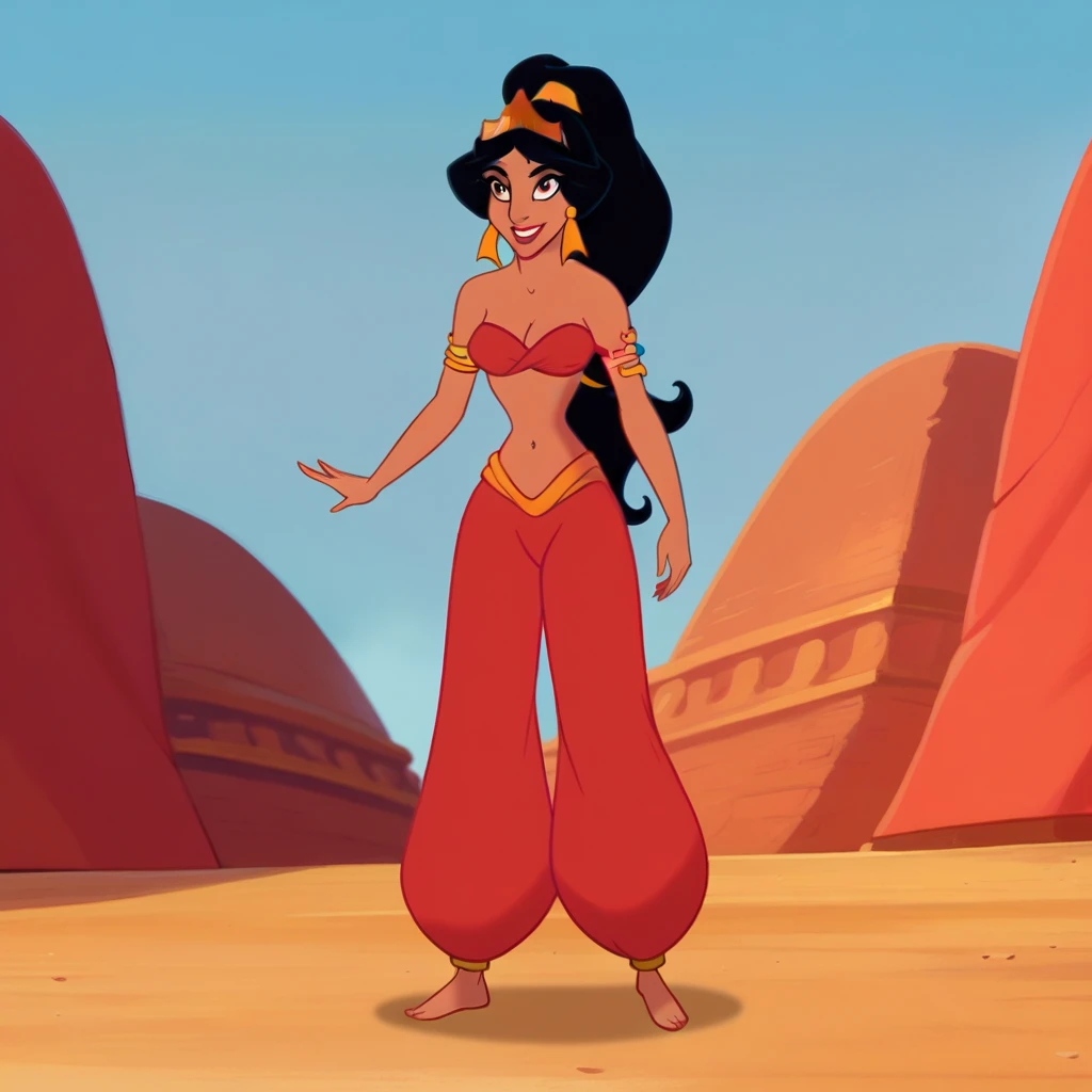 ((Full body photo, standing, feet on the ground)) ja_n, 1girl, arabian woman, brown skin, black hair, red lips, brown eyes, triangular gold earrings, high ponytail hair with band, golden snake armlet, gold tiara, red bandeau bikini top,red salwar pants, smiling, upper body, aroused,
looking at viewer, score_9, score_8_up, score_7_up,