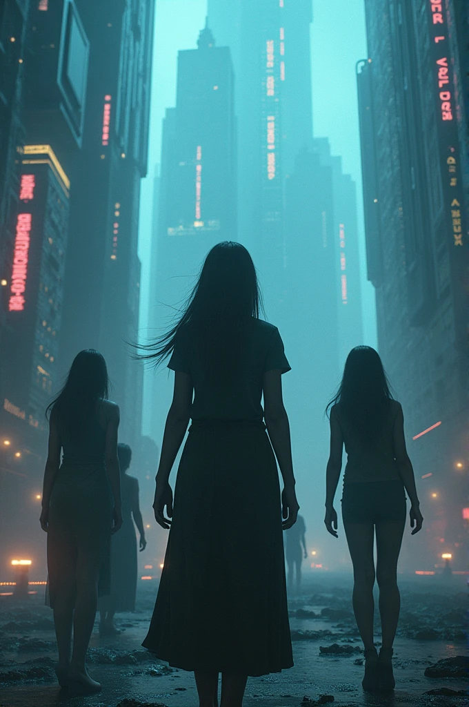 Image, 3d, 4k, 3 woman and 2 woman, trapped, in other side of wolrd, background, megapolitan city, epic, movie posters
