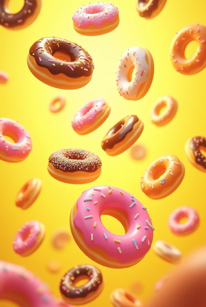 Lots of donuts falling all over the screen with yellow background