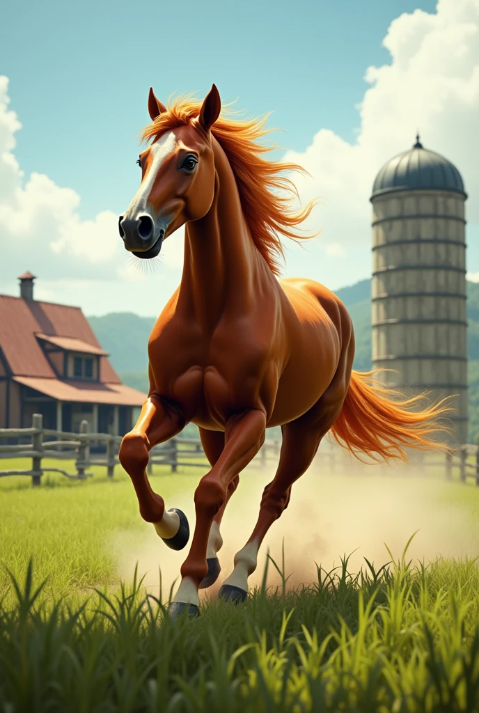 A horse galloping on the farm