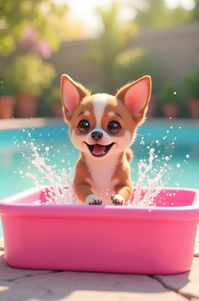 Chihuahua in a square pink plastic pool The coat is brown with a white center Joyfully entering the water Animated