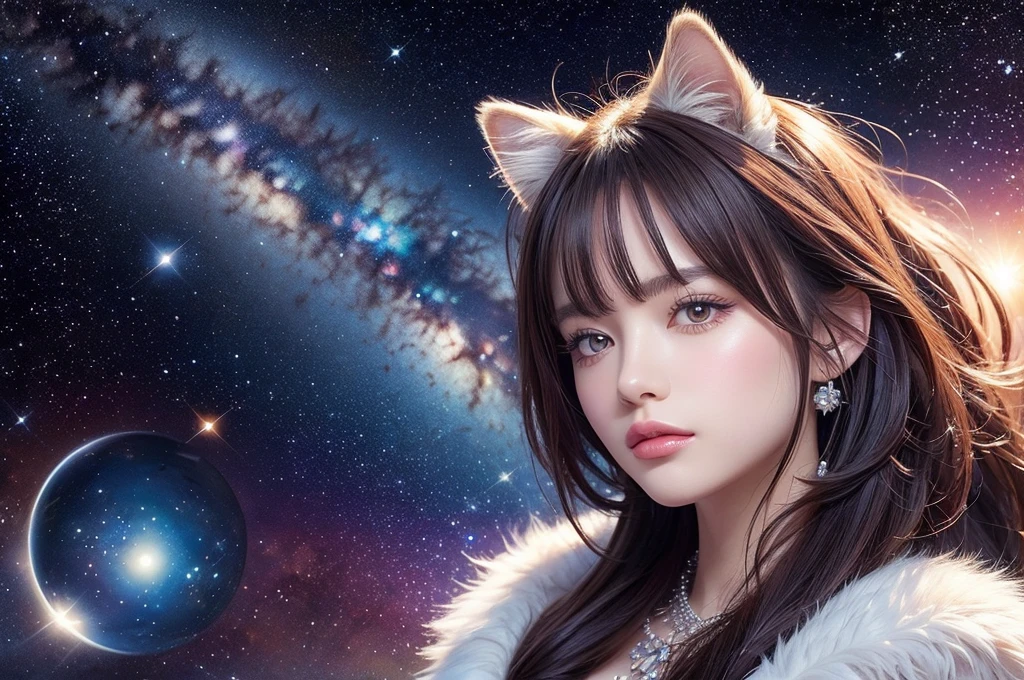 Portraiture (Strass) In space, Colors of the universe, Magnificent watercolor style, (Look to the side:1.1), Furry, (alone:1.1), There is a cat, Highest quality、16k、