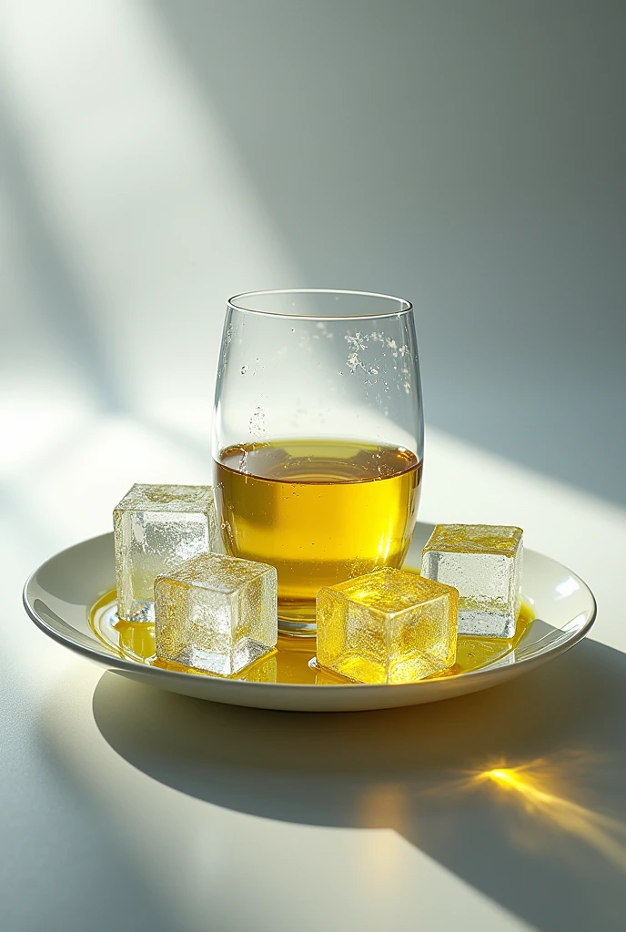 A plate with ice and olive oil in a glass inside the ice