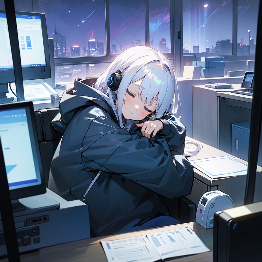 A girl with white hair and around middle school age was wearing a hoodie.、Sleeping on a desk with headphones on and using his arm as a pillow、Surrounded by a dark room、The girl is sitting in a chair in front of the computer、There is a window in the back and the beautiful night view can be seen through the thin curtains.