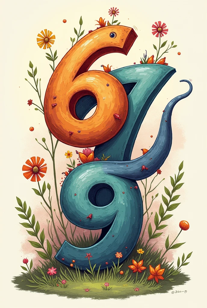 Create a picture of a drawing of the numbers 6,7 and 9 where together they form something 