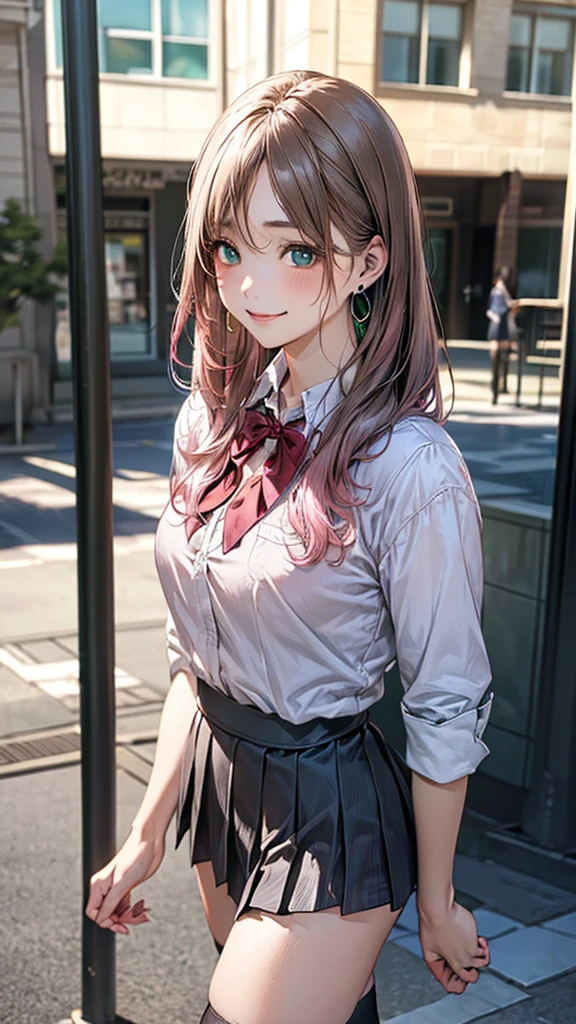 (masterpiece:1.2, top-quality), (realistic, photorealistic:1.4), beautiful illustration, (natural side lighting, movie lighting),
looking at viewer, cowboy shot, front view:0.6, 1 girl, japanese, high school girl, perfect face, cute and symmetrical face, shiny skin,
(long hair:1.8, straight hair:1.7, light pink hair), parted bangs, emerald green eyes, long eye lasher, (large breasts:0.9, thick thighs),
beautiful hair, beautiful face, beautiful detailed eyes, beautiful clavicle, beautiful body, beautiful chest, beautiful thigh, beautiful legs, beautiful fingers,
((white collared shirts, grey pleated mini skirt, , black socks, brown loafers, red bow tie)), hoop ring earrings, pink panties,
(beautiful scenery), evening, riverside, walking, hands on chest, (lovely smile, upper eyes),