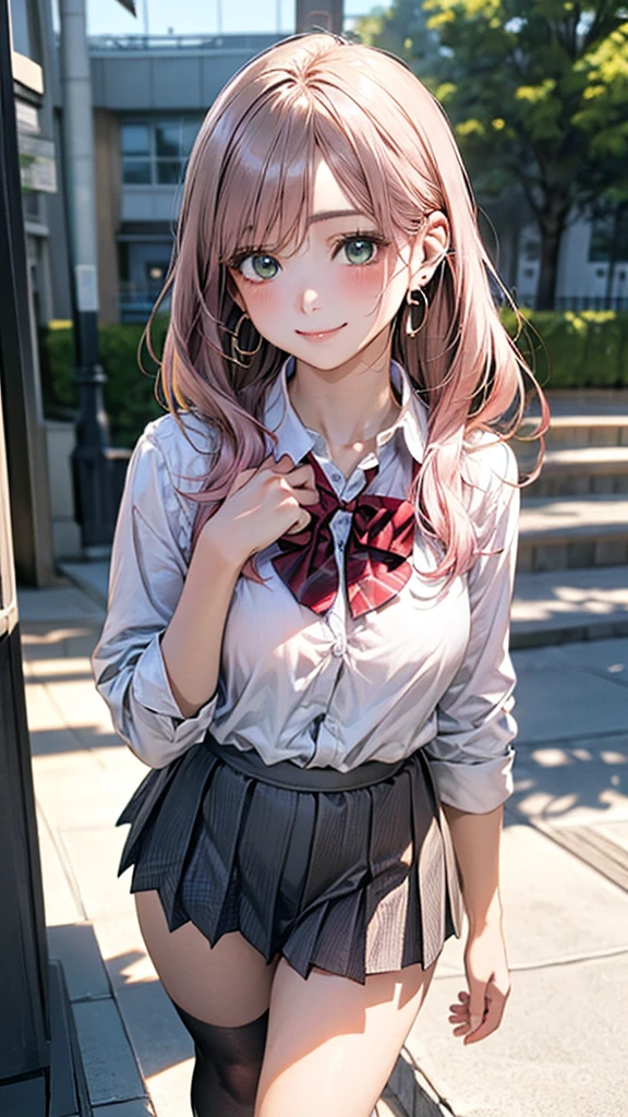 (masterpiece:1.2, top-quality), (realistic, photorealistic:1.4), beautiful illustration, (natural side lighting, movie lighting),
looking at viewer, cowboy shot, front view:0.6, 1 girl, japanese, high school girl, perfect face, cute and symmetrical face, shiny skin,
(long hair:1.8, straight hair:1.7, light pink hair), parted bangs, emerald green eyes, long eye lasher, (large breasts:0.9, thick thighs),
beautiful hair, beautiful face, beautiful detailed eyes, beautiful clavicle, beautiful body, beautiful chest, beautiful thigh, beautiful legs, beautiful fingers,
((white collared shirts, grey pleated mini skirt, , black socks, brown loafers, red bow tie)), hoop ring earrings, pink panties,
(beautiful scenery), evening, riverside, walking, hands on chest, (lovely smile, upper eyes),