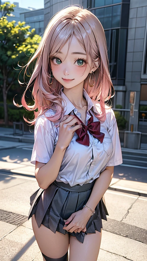 (masterpiece:1.2, top-quality), (realistic, photorealistic:1.4), beautiful illustration, (natural side lighting, movie lighting), 
looking at viewer, cowboy shot, front view:0.6, 1 girl, japanese, high school girl, perfect face, cute and symmetrical face, shiny skin, 
(long hair:1.8, straight hair:1.7, light pink hair), parted bangs, emerald green eyes, long eye lasher, (large breasts:0.9, thick thighs), 
beautiful hair, beautiful face, beautiful detailed eyes, beautiful clavicle, beautiful body, beautiful chest, beautiful thigh, beautiful legs, beautiful fingers, 
((white collared shirts, grey pleated mini skirt, , black socks, brown loafers, red bow tie)), hoop ring earrings, pink panties, 
(beautiful scenery), evening, riverside, walking, hands on chest, (lovely smile, upper eyes), 