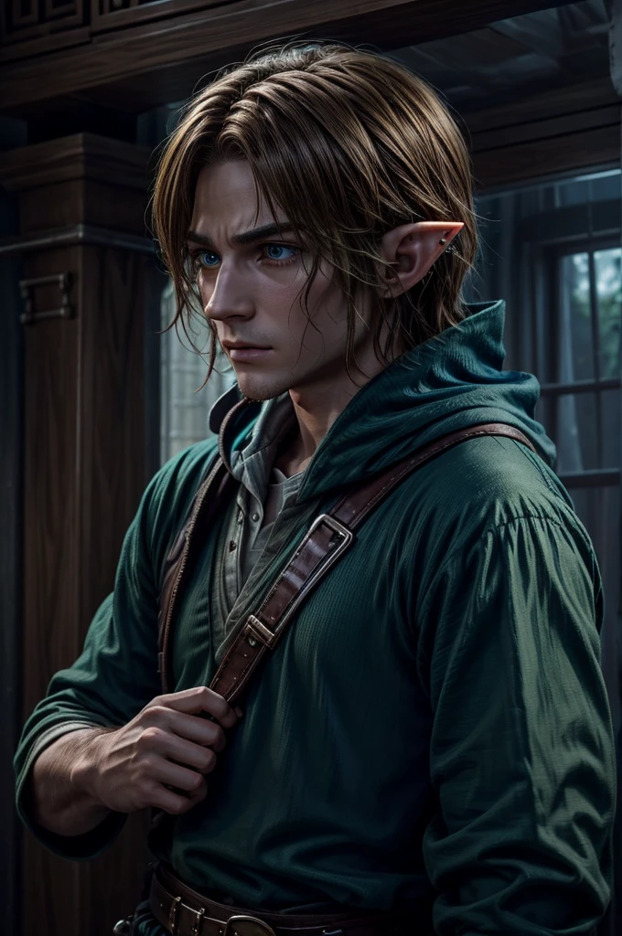 Very detailed, Ultra-realistic live-action version of Link from The Legend of Zelda,、Very detailed顔の特徴, Piercing blue eyes, Sharp jawline, disheveled brown hair, Sad look, Green-themed elf clothing