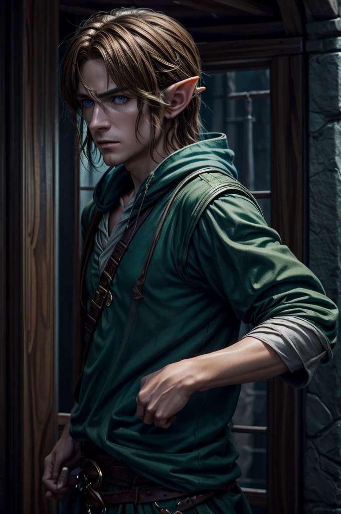 Very detailed, Ultra-realistic live-action version of Link from The Legend of Zelda,、Very detailed顔の特徴, Piercing blue eyes, Sharp jawline, disheveled brown hair, Sad look, Green-themed elf clothing