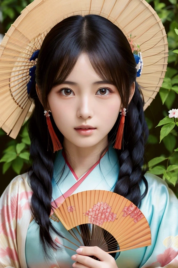 Woman in Kimono holding fan in front of tree, Japanese woman, Japanese model, Portrait of Japanese girl, Elegant Japanese woman, Portrait of Japanese , Traditional beauty, Beautiful Japanese girl face, Japanese goddess, Traditional Japanese, Young Japanese gravure idol