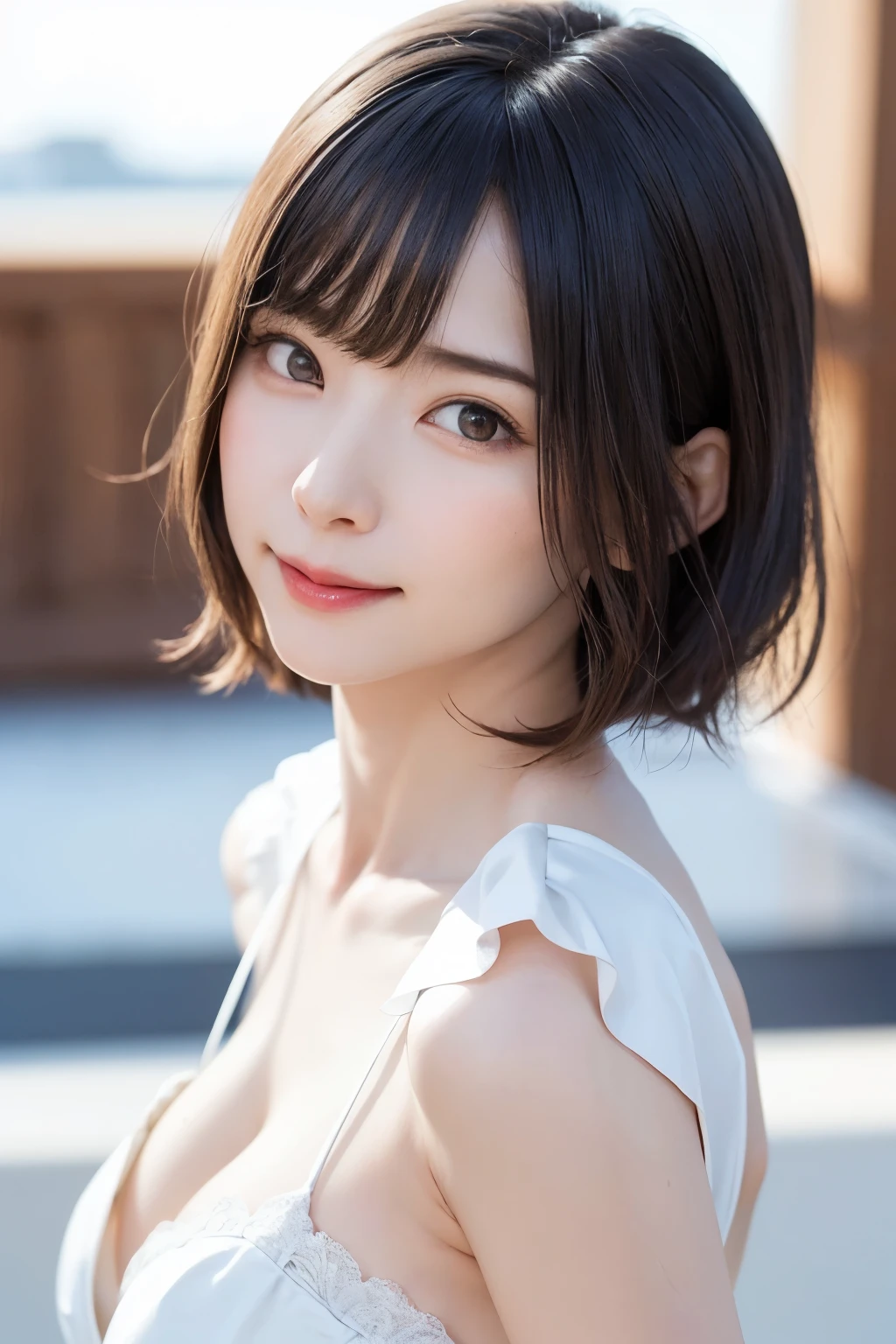 (masterpiece, Highest quality),One Girl, alone, hyper Realistic, Realistic,Realistic, Looking at the audience, Light brown eyes:1.4,Brunette Short Bob Hair with highly detailed shiny hair, Brightly colored winter clothes, Lepangas:1.4), Plein Air, Mouth closed, Upper Body、big chest eye、eyelash、{Huge|big|Very large|Mega} chest:2, chestの谷間:2、{Huge|big|Giga|Mega} chest:2, chestの谷間:2、A very large window shows the valley of the sound、(((big chest eye、Short Bob Hair、Glowing Skin、Shiny Hair、Student Highlights、Gazing at the audience、She is very beautiful and cute、Listen carefully、Long neck、smile、Close your mouth and smile、bangsと美しい歯、bangs、Perfect Anatomy)))、Ideal body type、(Snowy tree-lined road in winter in Norway, Out of focus background)、美しいLong neck:1.4、Very attractive, 美しくてかわいいVery attractive女性、