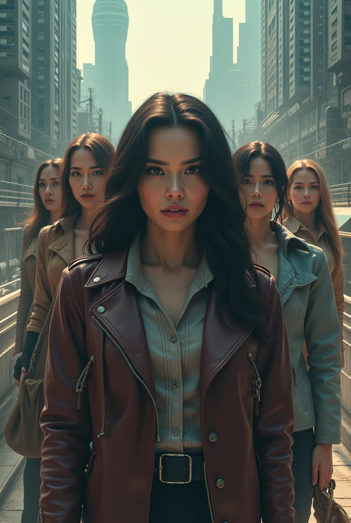 Image, 3d, 4k, 3 woman and 2 woman, trapped, in other side of wolrd, background, megapolitan city, epic, movie posters