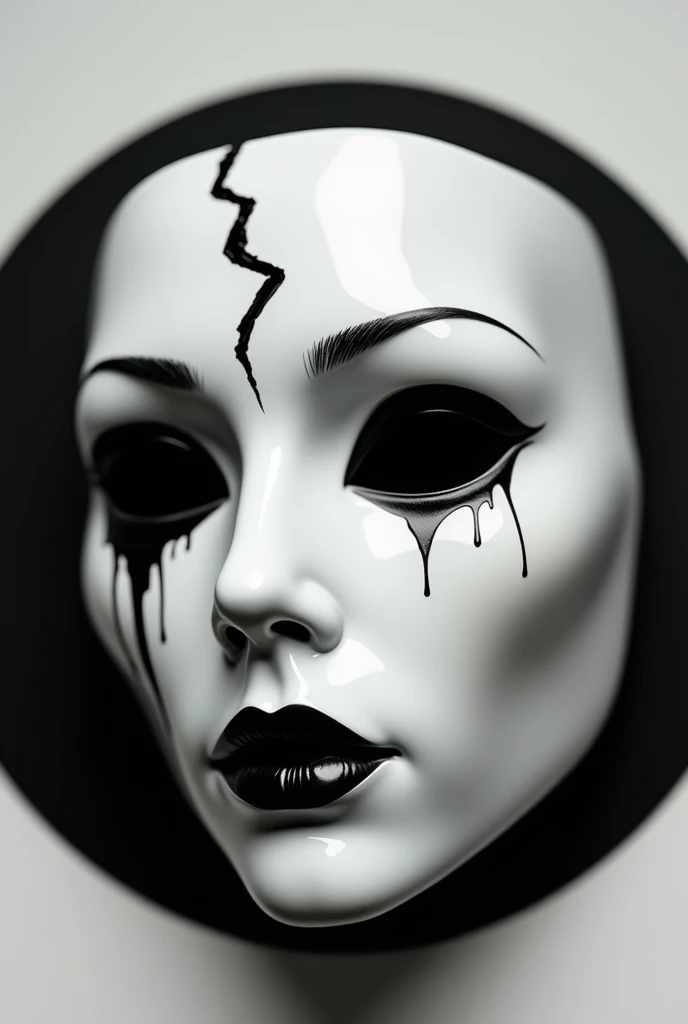 white plastic mask with a broken heart on the forehead black eyes and black tear drop from eyelid, black lipstick no person just mask round