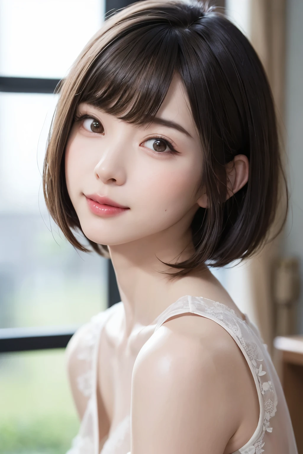 (masterpiece, Highest quality),One Girl, alone, hyper Realistic, Realistic,Realistic, Looking at the audience, Light brown eyes:1.4,Brunette Short Bob Hair with highly detailed shiny hair, Brightly colored winter clothes, Lepangas:1.4), Plein Air, Mouth closed, Upper Body、big chest eye、eyelash、{Huge|big|Very large|Mega} chest:2, chestの谷間:2、{Huge|big|Giga|Mega} chest:2, chestの谷間:2、A very large window shows the valley of the sound、(((big chest eye、Short Bob Hair、Glowing Skin、Shiny Hair、Student Highlights、Gazing at the audience、She is very beautiful and cute、Listen carefully、Long neck、smile、Close your mouth and smile、bangsと美しい歯、bangs、Perfect Anatomy)))、Ideal body type、（Snowy tree-lined road in winter in Norway, Out of focus background）、美しいLong neck:1.4、Very attractive, 美しくてかわいいVery attractive女性、